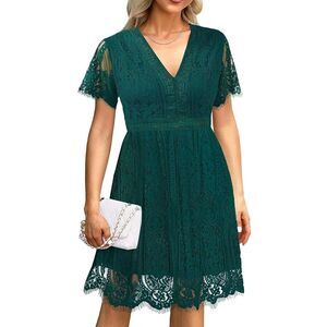 Elegant Green‎ Lace Cocktail Dress V-Neck Flutter Sleeve Party Wedding Guest M